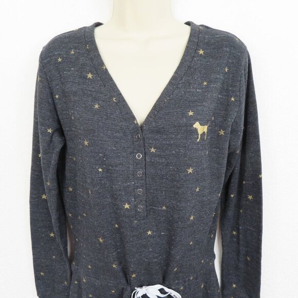 PINK Victorias Secret Medium Gold Ribbed Snap Front Long Sleeve Lounge Romper - Picture 2 of 11